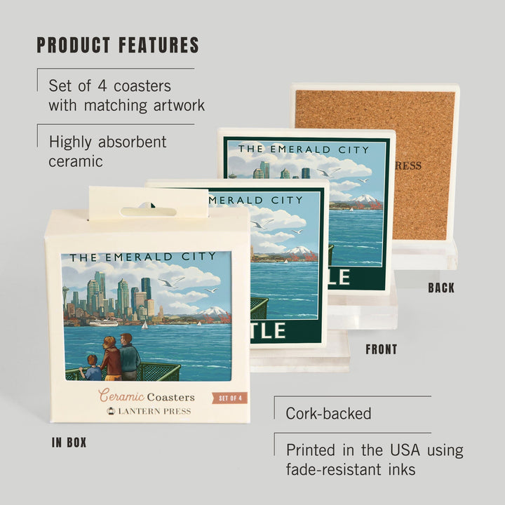 Seattle, Washington, Skyline, The Emerald City and Ferry, Coasters Coasters Lantern Press