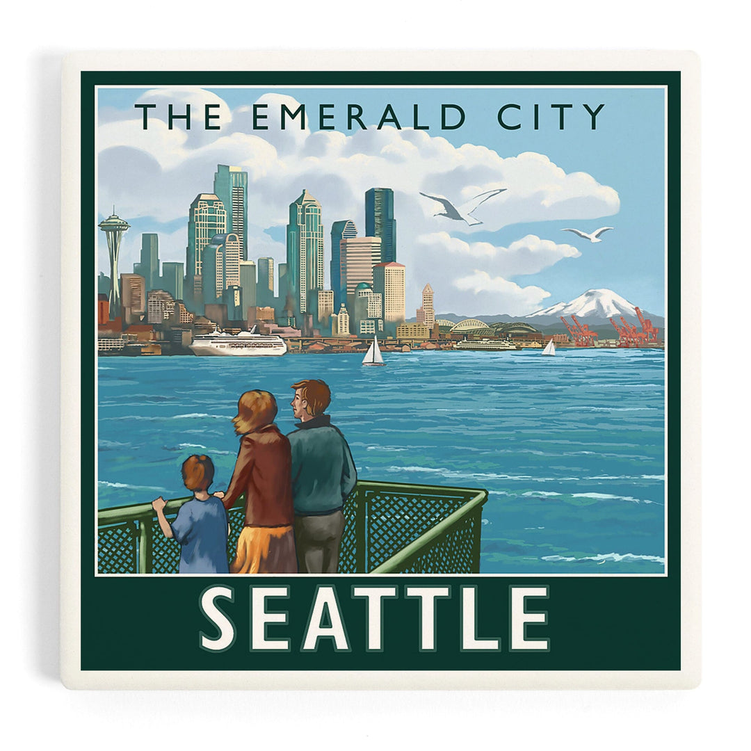 Seattle, Washington, Skyline, The Emerald City and Ferry, Coasters Coasters Lantern Press Coaster