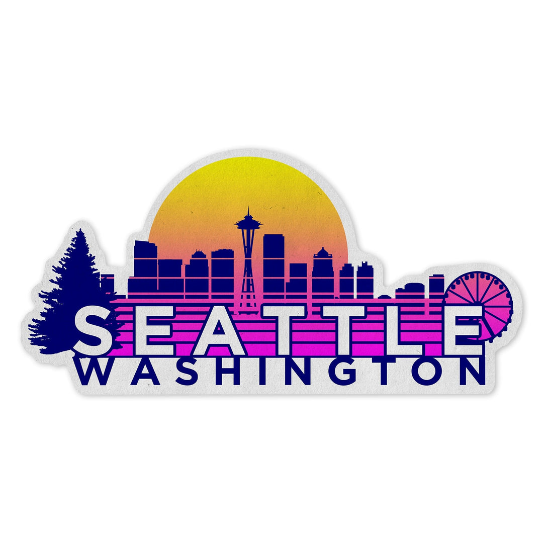 Seattle, Washington, Skyline, Vector Vaporwave, Contour, Lantern Press Artwork, Vinyl Sticker Sticker Lantern Press