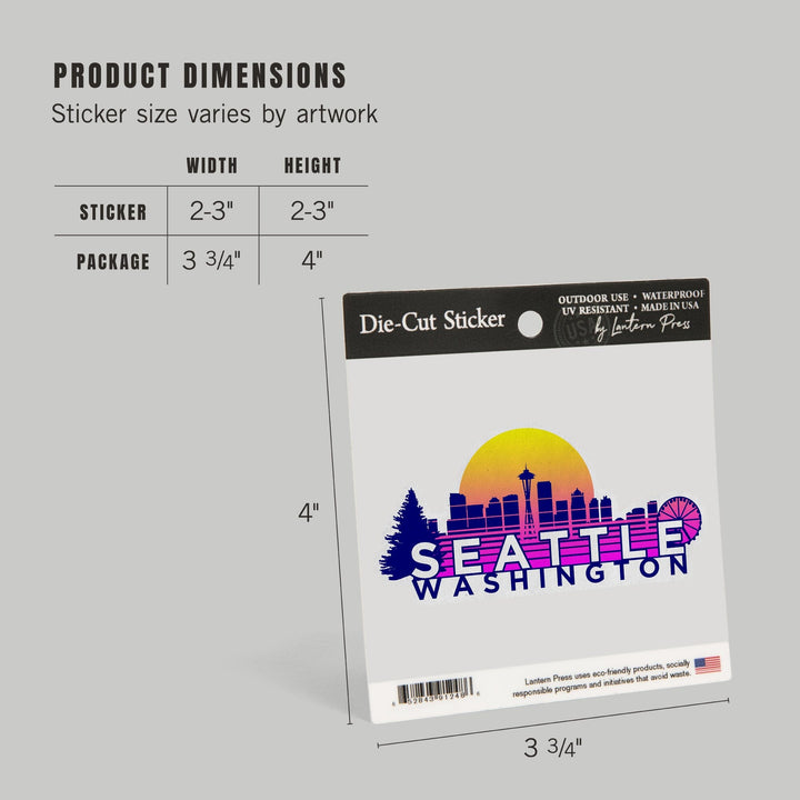 Seattle, Washington, Skyline, Vector Vaporwave, Contour, Lantern Press Artwork, Vinyl Sticker Sticker Lantern Press