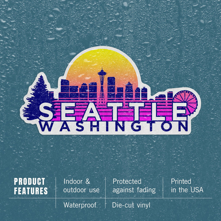 Seattle, Washington, Skyline, Vector Vaporwave, Contour, Lantern Press Artwork, Vinyl Sticker Sticker Lantern Press