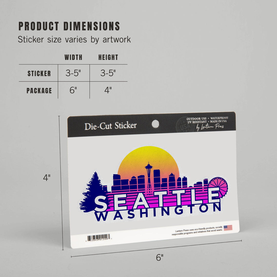 Seattle, Washington, Skyline, Vector Vaporwave, Contour, Lantern Press Artwork, Vinyl Sticker Sticker Lantern Press