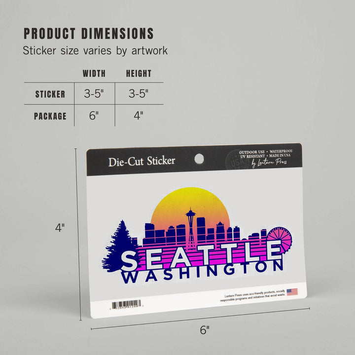 Seattle, Washington, Skyline, Vector Vaporwave, Contour, Lantern Press Artwork, Vinyl Sticker Sticker Lantern Press