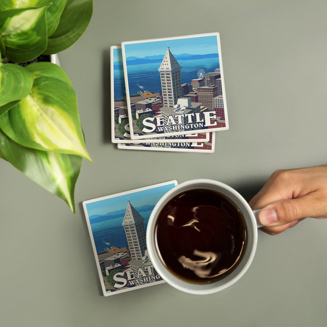 Seattle, Washington, Smith Tower and Elliott Bay, Coasters Coasters Lantern Press
