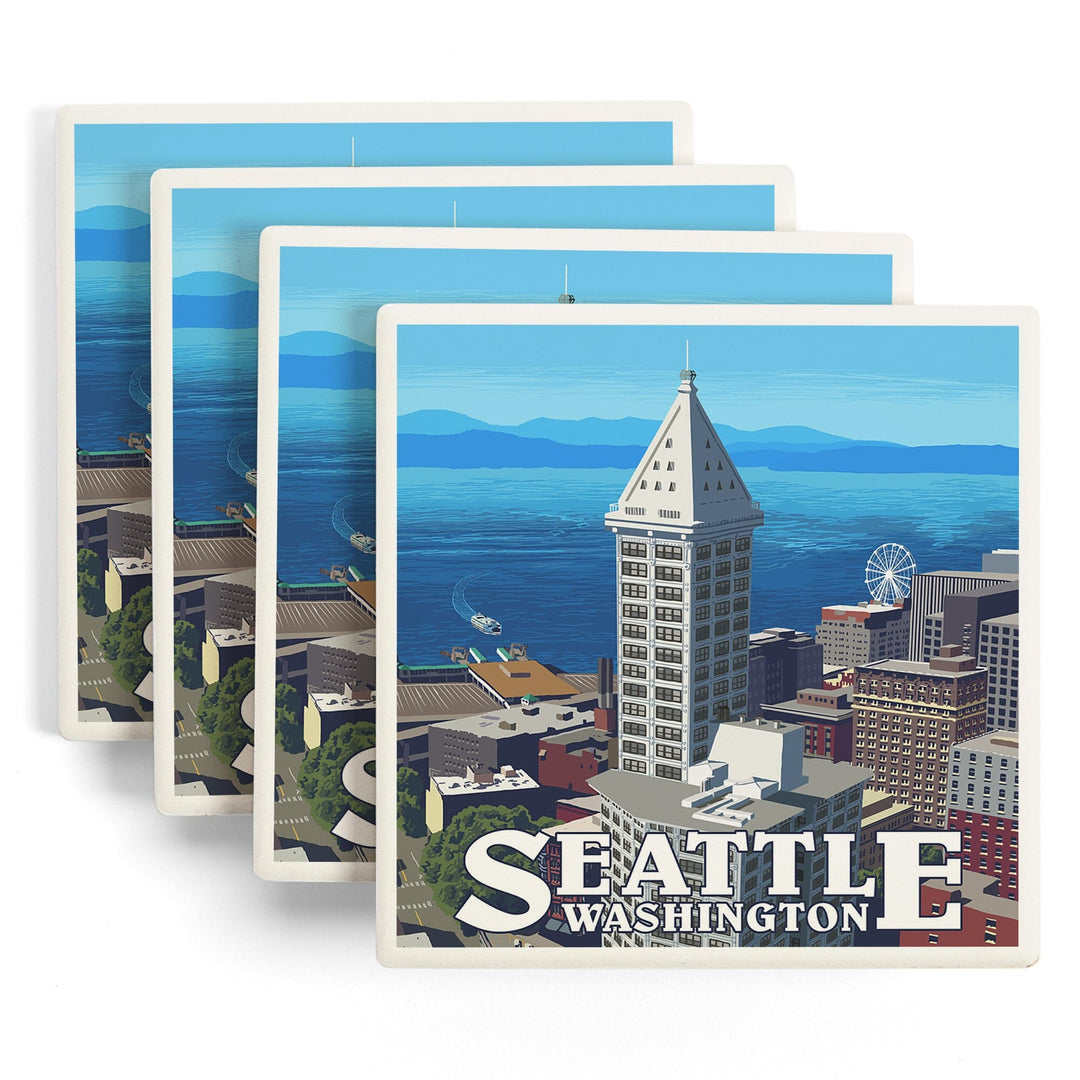 Seattle, Washington, Smith Tower and Elliott Bay, Coasters Coasters Lantern Press