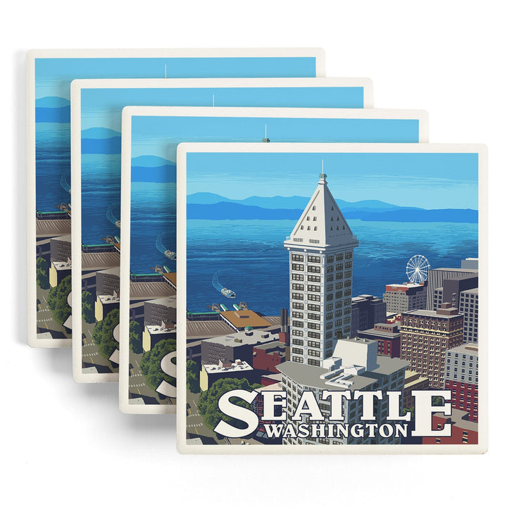 Seattle, Washington, Smith Tower and Elliott Bay, Coasters Coasters Lantern Press