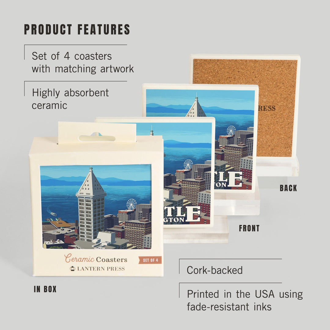 Seattle, Washington, Smith Tower and Elliott Bay, Coasters Coasters Lantern Press