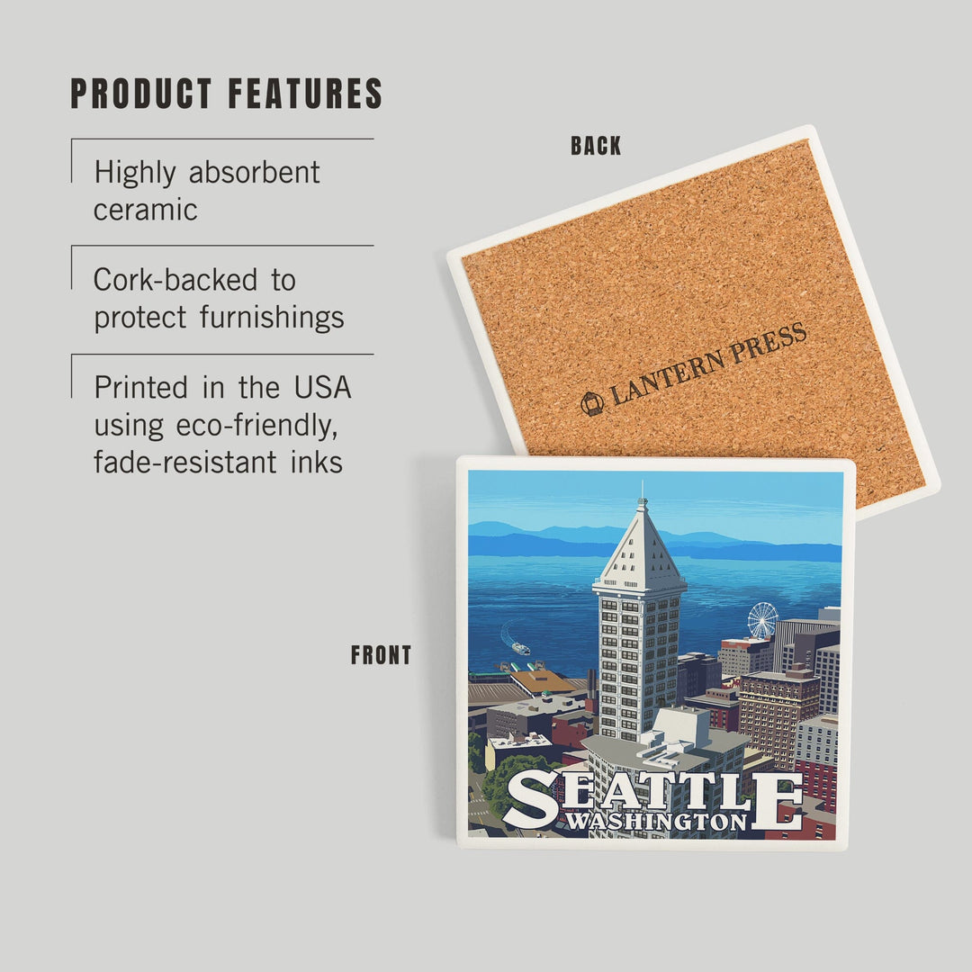Seattle, Washington, Smith Tower and Elliott Bay, Coasters Coasters Lantern Press