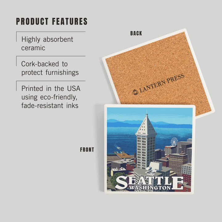 Seattle, Washington, Smith Tower and Elliott Bay, Coasters Coasters Lantern Press