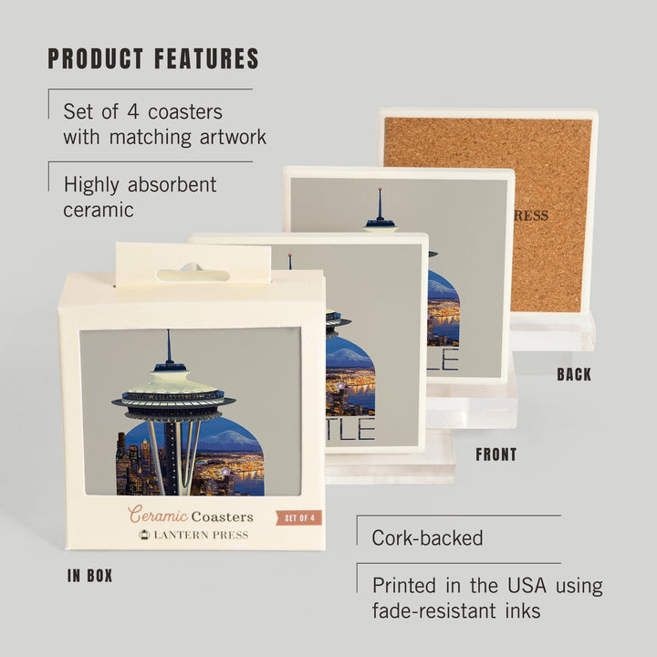 Seattle, Washington, Space Needle Aerial View,, Coasters Coasters Lantern Press