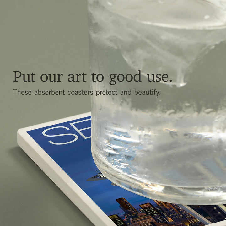 Seattle, Washington, Space Needle Aerial View, Coasters Coasters Lantern Press