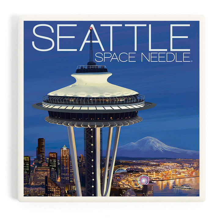 Seattle, Washington, Space Needle Aerial View, Coasters Coasters Lantern Press