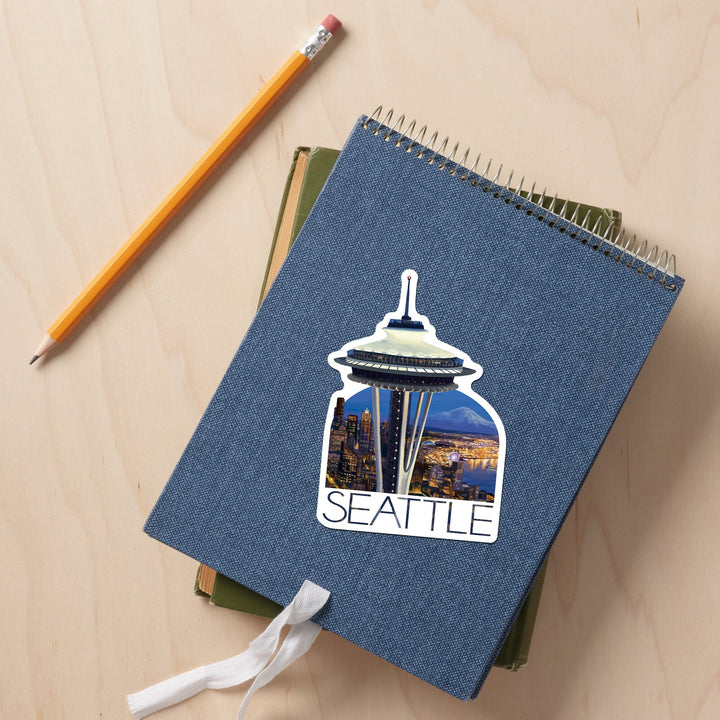 Seattle, Washington, Space Needle Aerial View, Contour, Vinyl Sticker Sticker Lantern Press