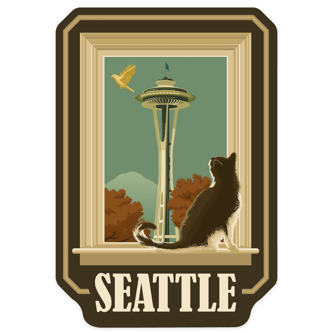 Seattle, Washington, Space Needle and Cat Window, Contour, Vinyl Sticker Sticker Lantern Press