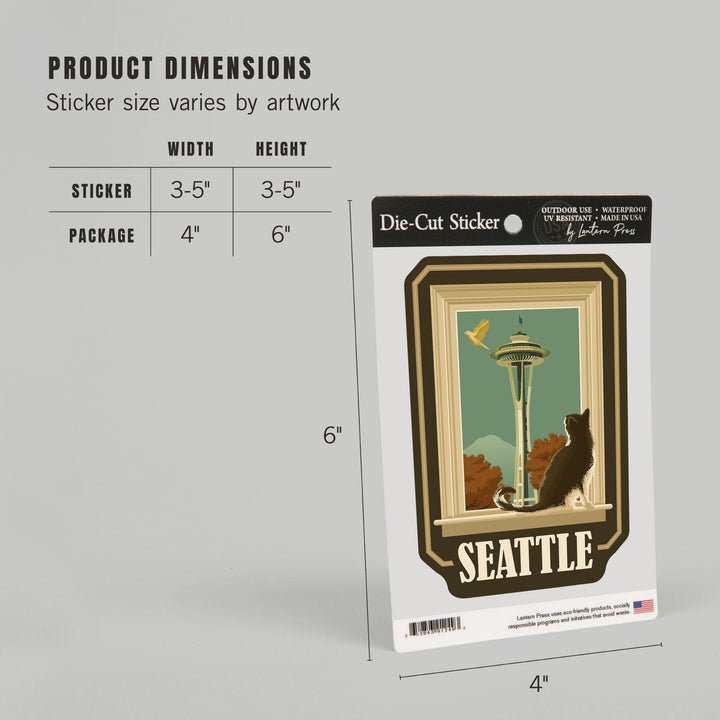 Seattle, Washington, Space Needle and Cat Window, Contour, Vinyl Sticker Sticker Lantern Press