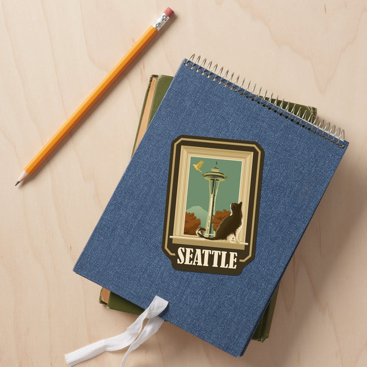 Seattle, Washington, Space Needle and Cat Window, Contour, Vinyl Sticker Sticker Lantern Press