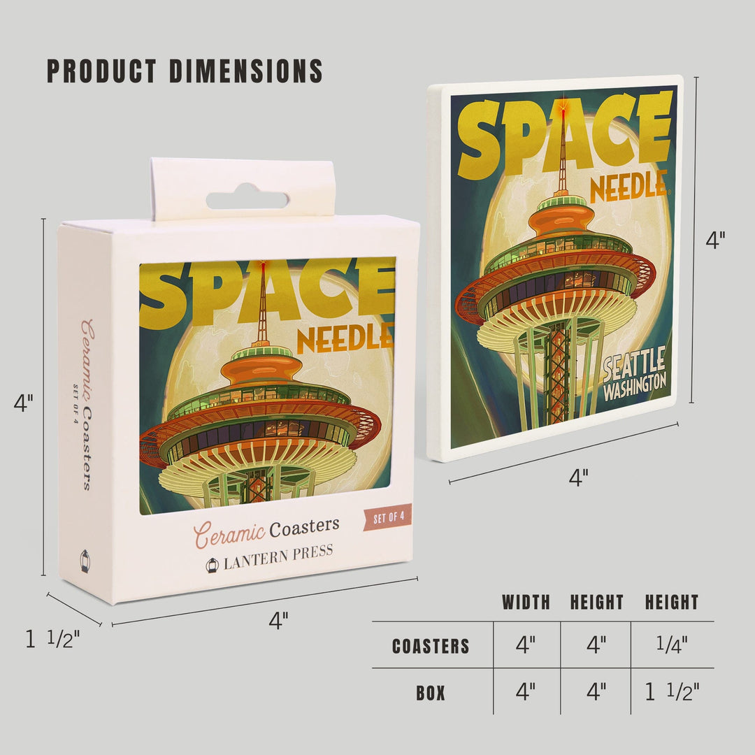 Seattle, Washington, Space Needle and Full Moon, Coasters Coasters Lantern Press