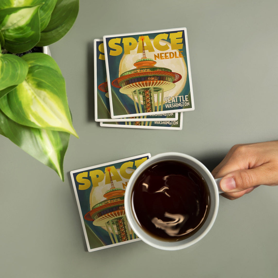 Seattle, Washington, Space Needle and Full Moon, Coasters Coasters Lantern Press