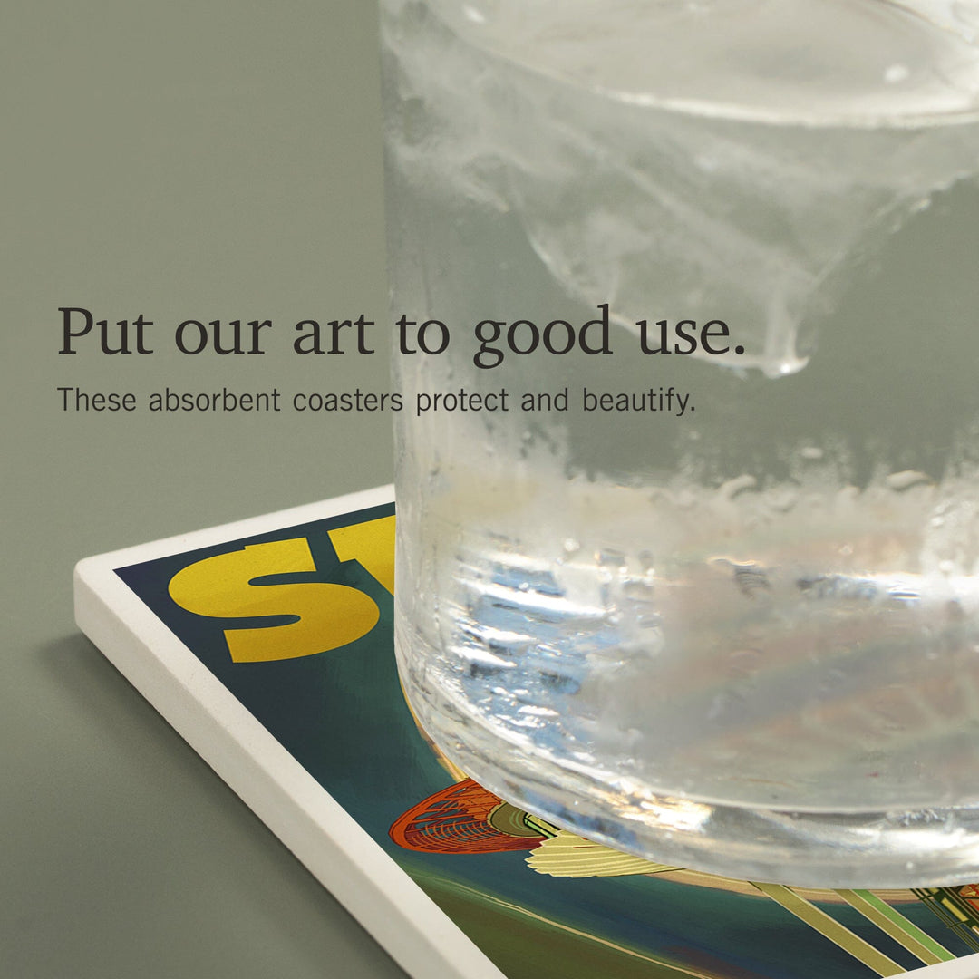 Seattle, Washington, Space Needle and Full Moon, Coasters Coasters Lantern Press