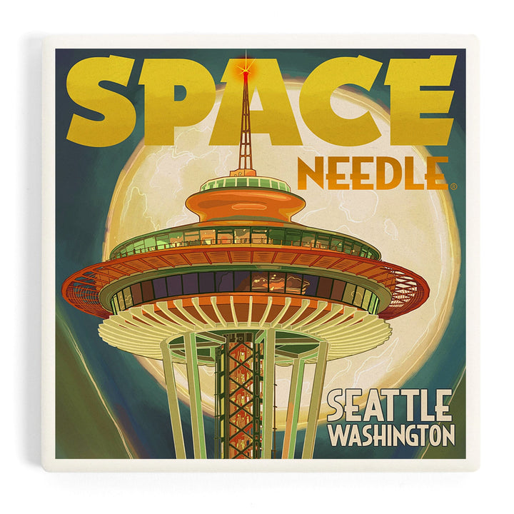 Seattle, Washington, Space Needle and Full Moon, Coasters Coasters Lantern Press