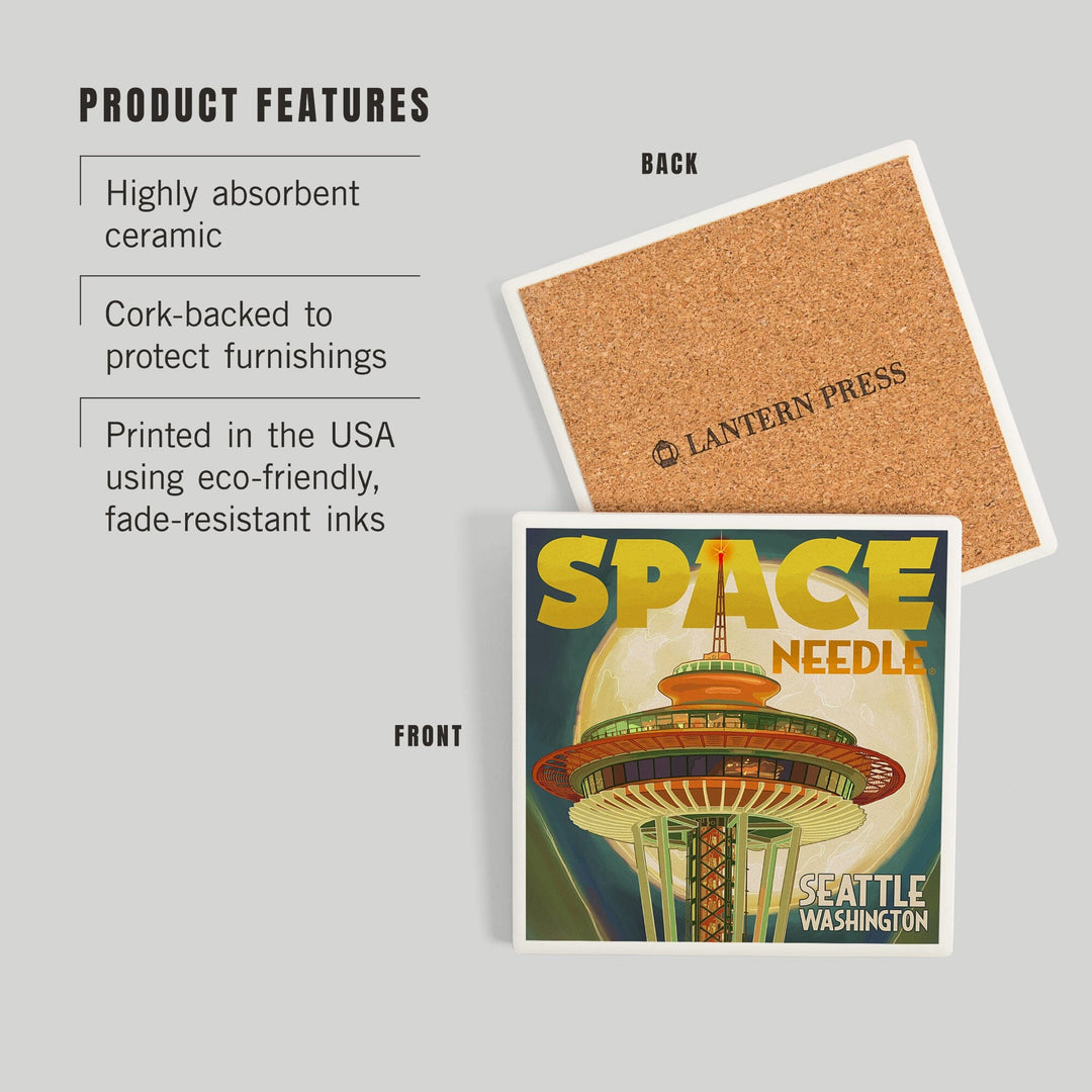 Seattle, Washington, Space Needle and Full Moon, Coasters Coasters Lantern Press