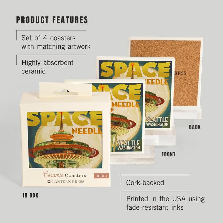 Seattle, Washington, Space Needle and Full Moon, Coasters Coasters Lantern Press
