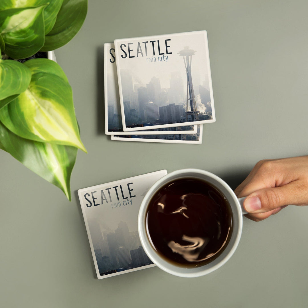 Seattle, Washington, Space Needle and Skyline Fog, Coasters Coasters Lantern Press