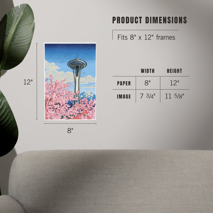 Seattle, Washington, Space Needle, Cherry Blossoms Woodblock, Art & Giclee Prints Art Lantern Press