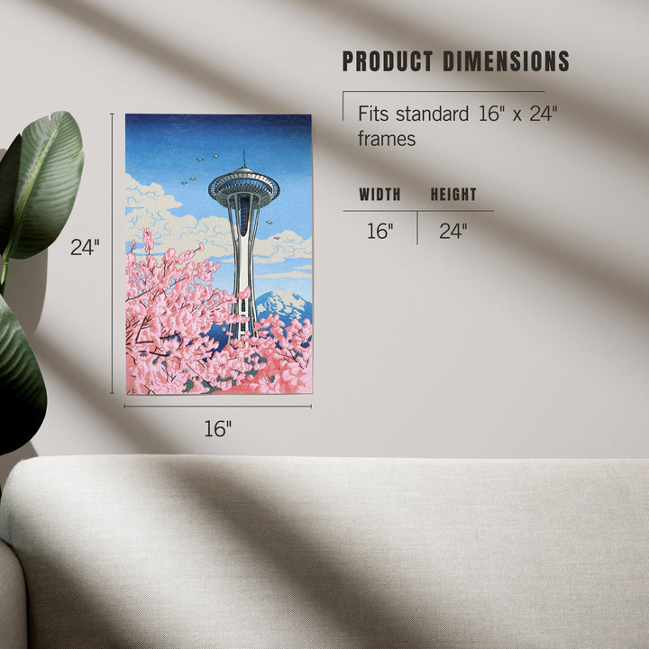 Seattle, Washington, Space Needle, Cherry Blossoms Woodblock, Art & Giclee Prints Art Lantern Press