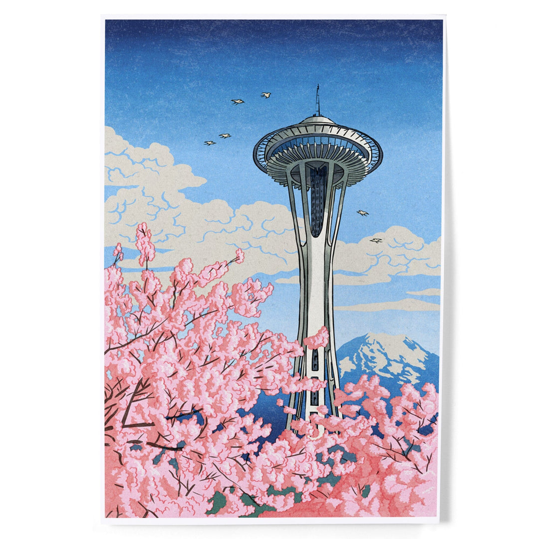 Seattle, Washington, Space Needle, Cherry Blossoms Woodblock, Art & Giclee Prints Art Lantern Press