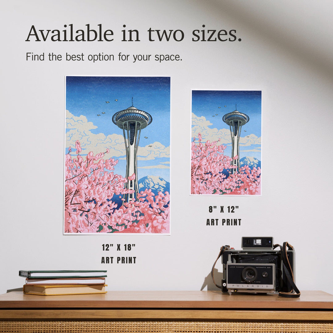 Seattle, Washington, Space Needle, Cherry Blossoms Woodblock, Art & Giclee Prints Art Lantern Press