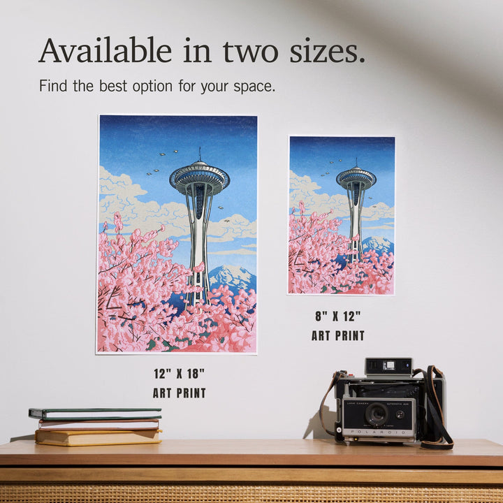 Seattle, Washington, Space Needle, Cherry Blossoms Woodblock, Art & Giclee Prints Art Lantern Press