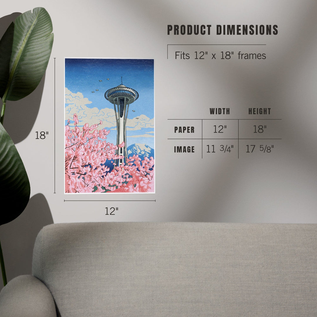 Seattle, Washington, Space Needle, Cherry Blossoms Woodblock, Art & Giclee Prints Art Lantern Press