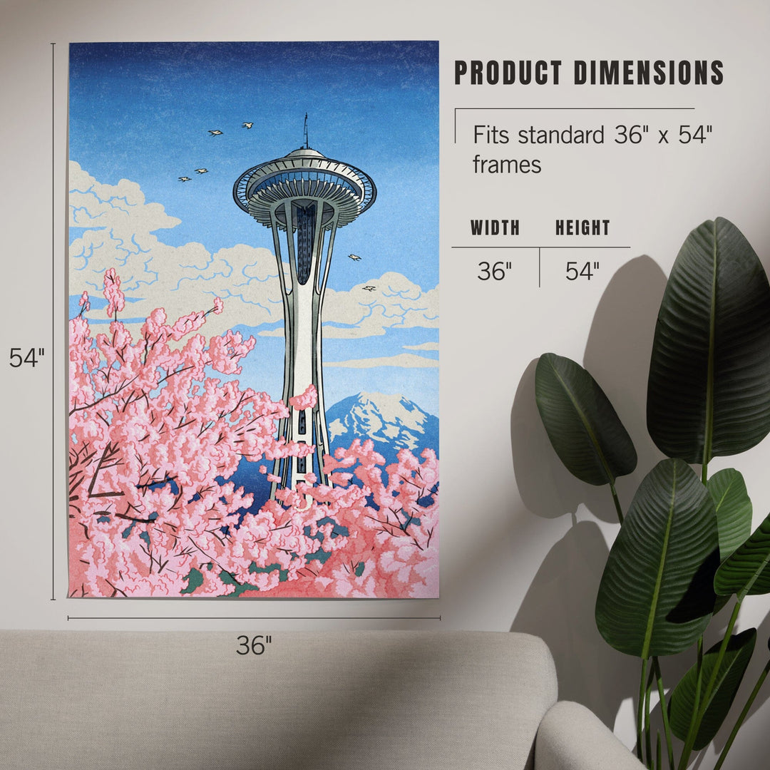 Seattle, Washington, Space Needle, Cherry Blossoms Woodblock, Art & Giclee Prints Art Lantern Press
