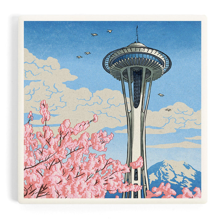 Seattle, Washington, Space Needle, Cherry Blossoms Woodblock, Coasters Coasters Lantern Press