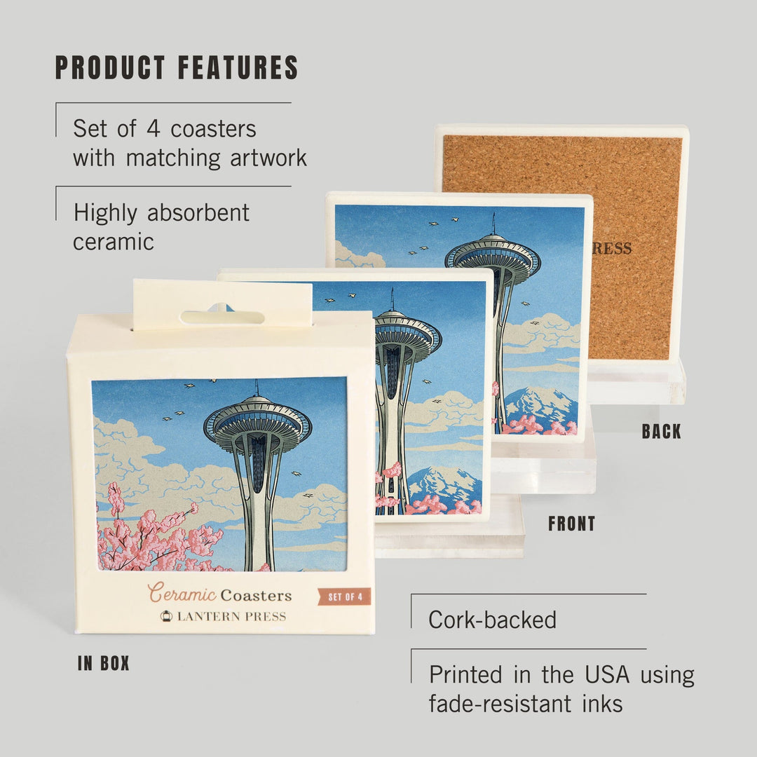Seattle, Washington, Space Needle, Cherry Blossoms Woodblock, Coasters Coasters Lantern Press