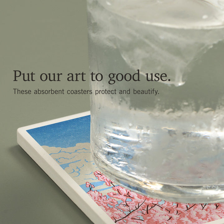 Seattle, Washington, Space Needle, Cherry Blossoms Woodblock, Coasters Coasters Lantern Press