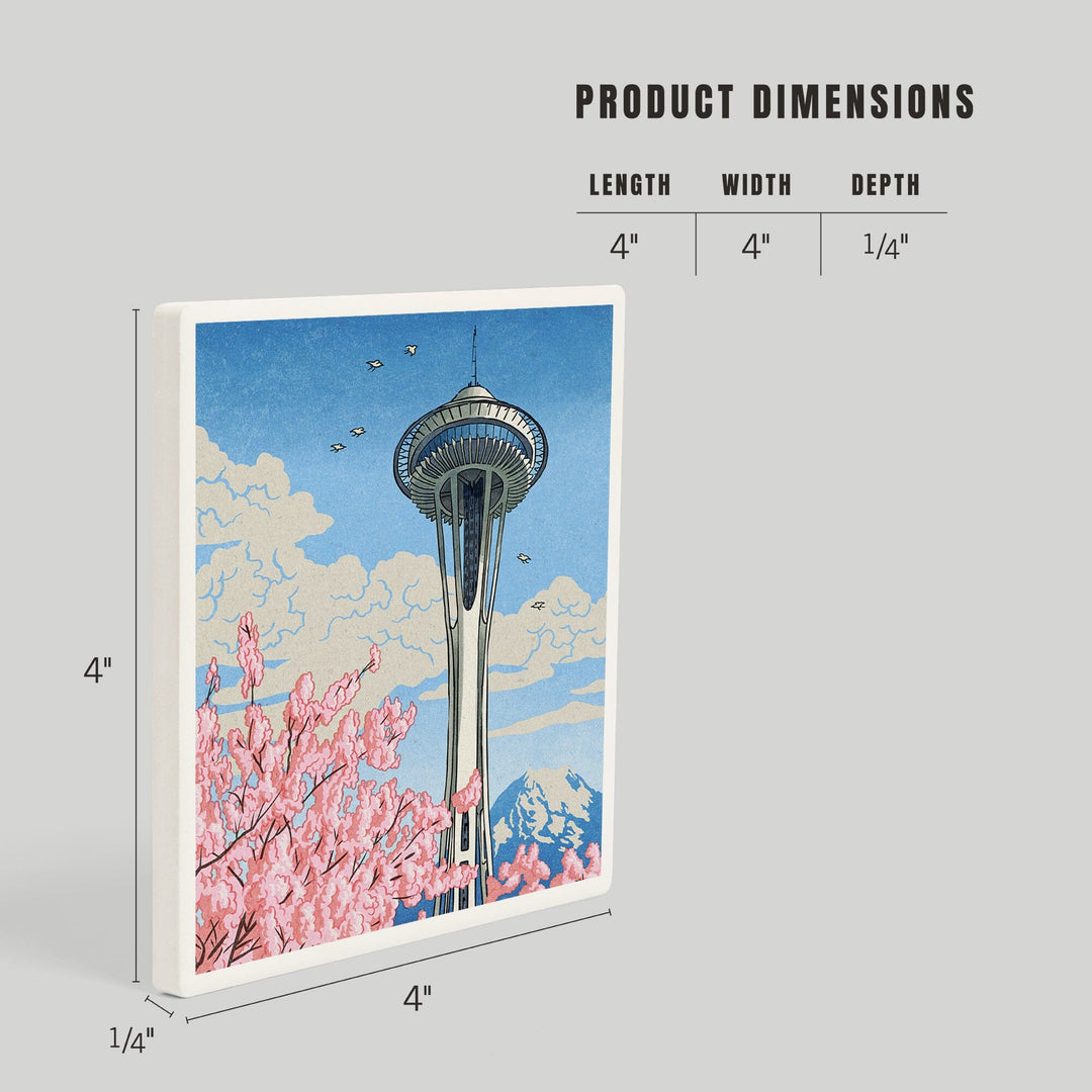 Seattle, Washington, Space Needle, Cherry Blossoms Woodblock, Coasters Coasters Lantern Press