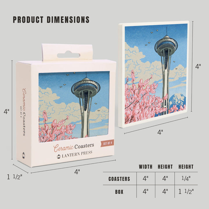 Seattle, Washington, Space Needle, Cherry Blossoms Woodblock, Coasters Coasters Lantern Press