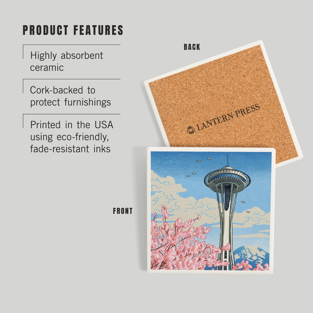 Seattle, Washington, Space Needle, Cherry Blossoms Woodblock, Coasters Coasters Lantern Press