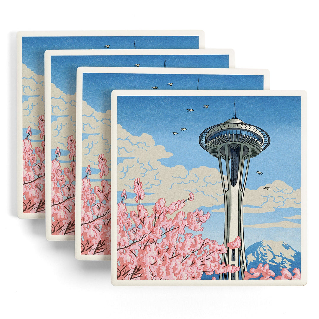 Seattle, Washington, Space Needle, Cherry Blossoms Woodblock, Coasters Coasters Lantern Press