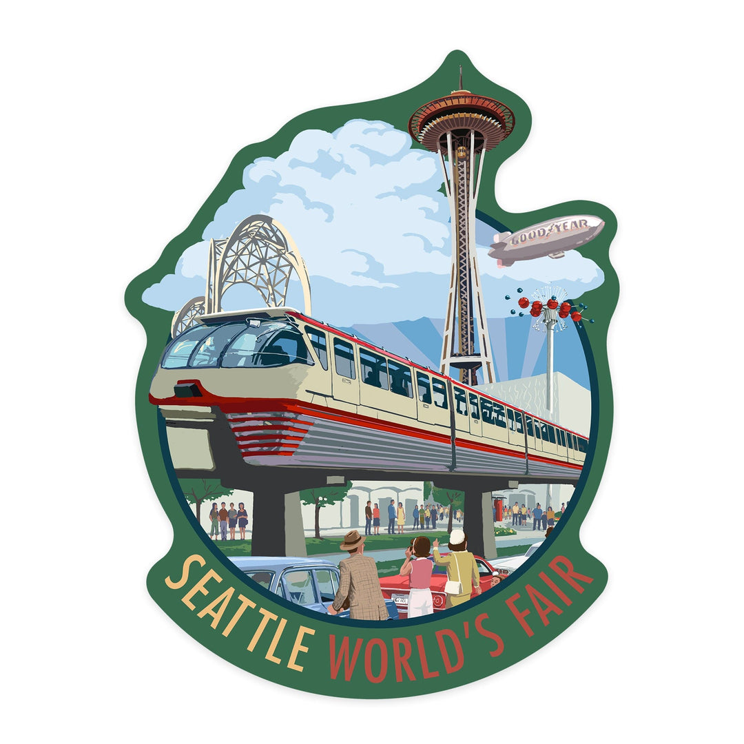 Seattle, Washington, Space Needle Opening Day Scene, Contour, Lantern Press Artwork, Vinyl Sticker Sticker Lantern Press
