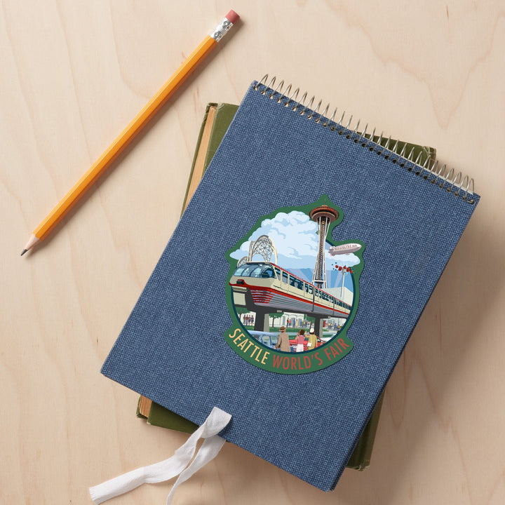 Seattle, Washington, Space Needle Opening Day Scene, Contour, Lantern Press Artwork, Vinyl Sticker Sticker Lantern Press