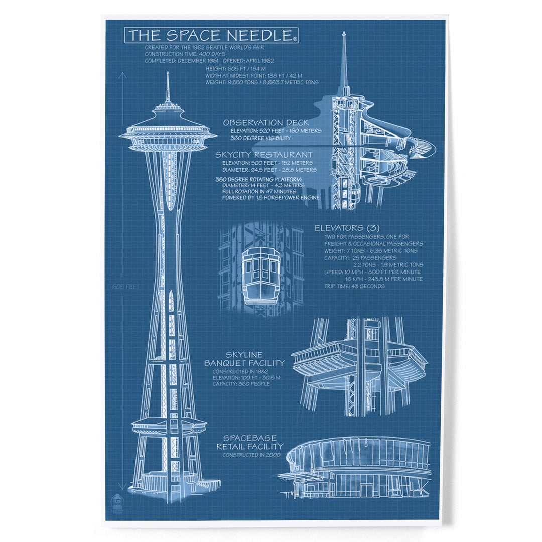 Seattle, Washington, Space Needle Technical Drawing (Blueprint), Art & Giclee Prints Art Lantern Press 12 x 18 Art Print