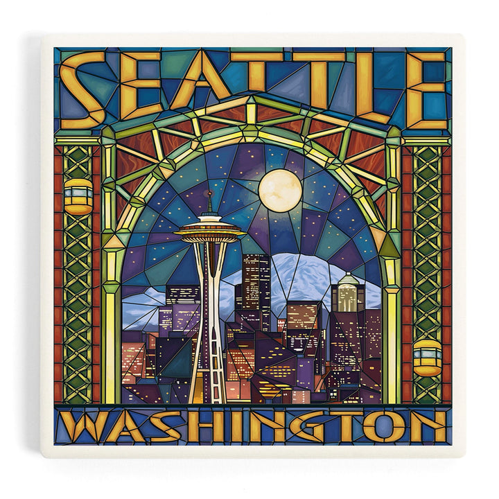 Seattle, Washington, Stained Glass Window, Coasters Coasters Lantern Press