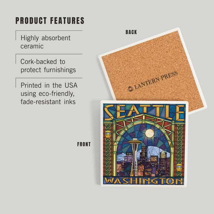 Seattle, Washington, Stained Glass Window, Coasters Coasters Lantern Press