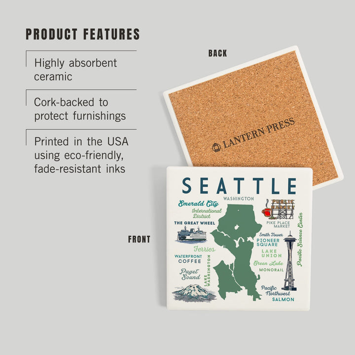 Seattle, Washington, Typography and Icons, Coasters Coasters Lantern Press