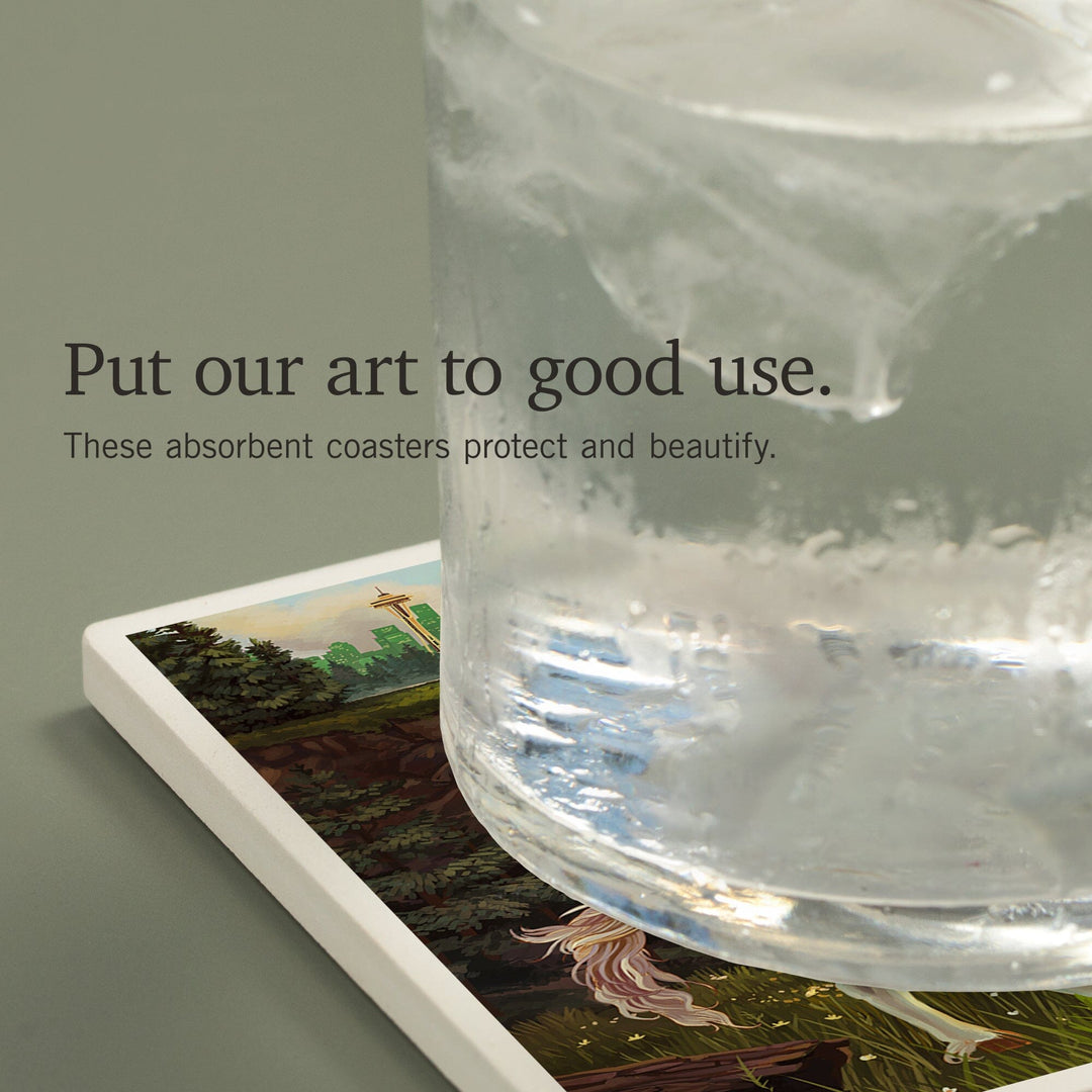 Seattle, Washington, Unicorn Scene, Coasters Coasters Lantern Press