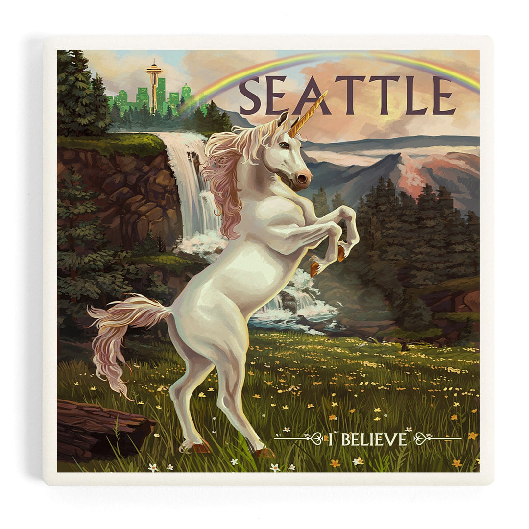 Seattle, Washington, Unicorn Scene, Coasters Coasters Lantern Press Coaster