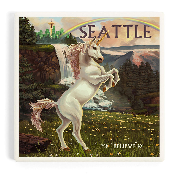 Seattle, Washington, Unicorn Scene, Coasters Coasters Lantern Press Coaster